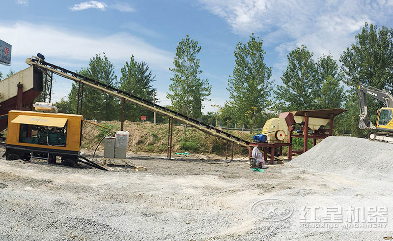 紅星錘式破碎機(jī)碎石生產(chǎn)線現(xiàn)場(chǎng)，一破頂多破